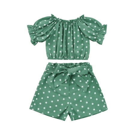 

Suanret Toddler Kids Girls 3PCS Outfits Dot Boat-Neck Short Sleeve Crop Tops Elastic Waist Shorts Belt Summer Set Green 4-5 Years