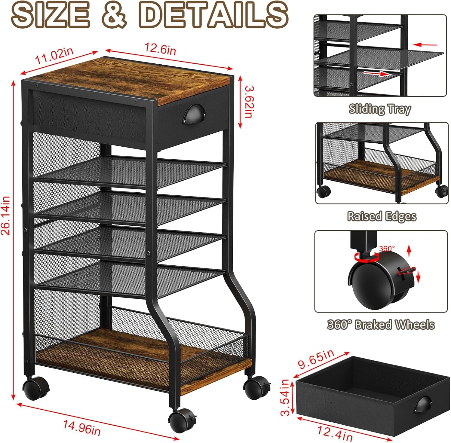 6-Tier Rolling File Cart with Drawer, Under Desk Storage with Paper Letter Sliding Trays, Standing File Organizer with Wheels, Slim Workspace Organizers for Office/Home/School/Study