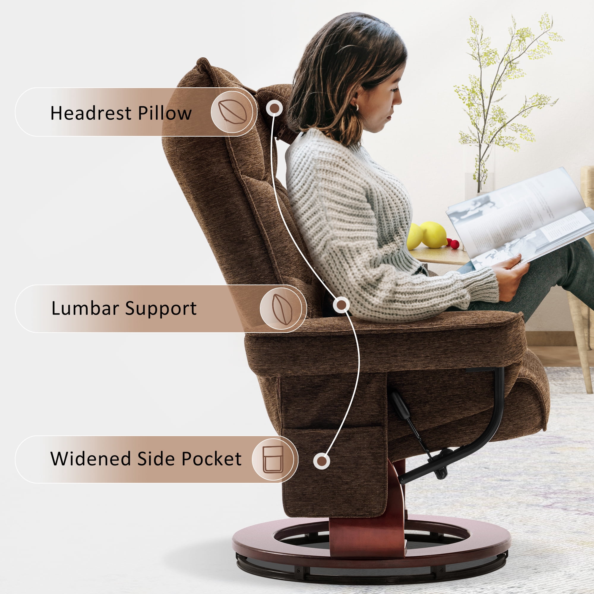 Mcombo Swivel Recliner with Ottoman, Massage TV Chairs with Neck Pillow and Side Pocket for Living Reading Room, Chenille Fabric 4188