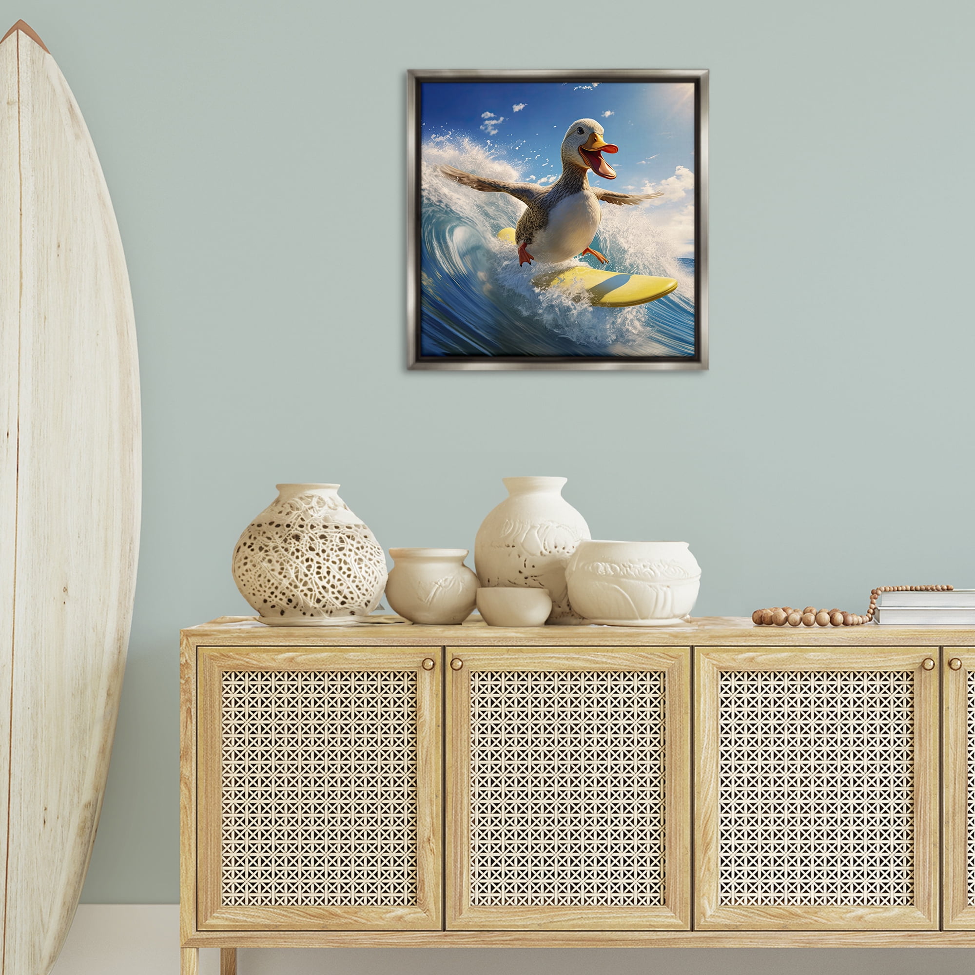 Stupell Industries Happy Surfing Duck Coastal Painting Gray Floater Framed Canvas Art Print Wall Art, 25 x 25