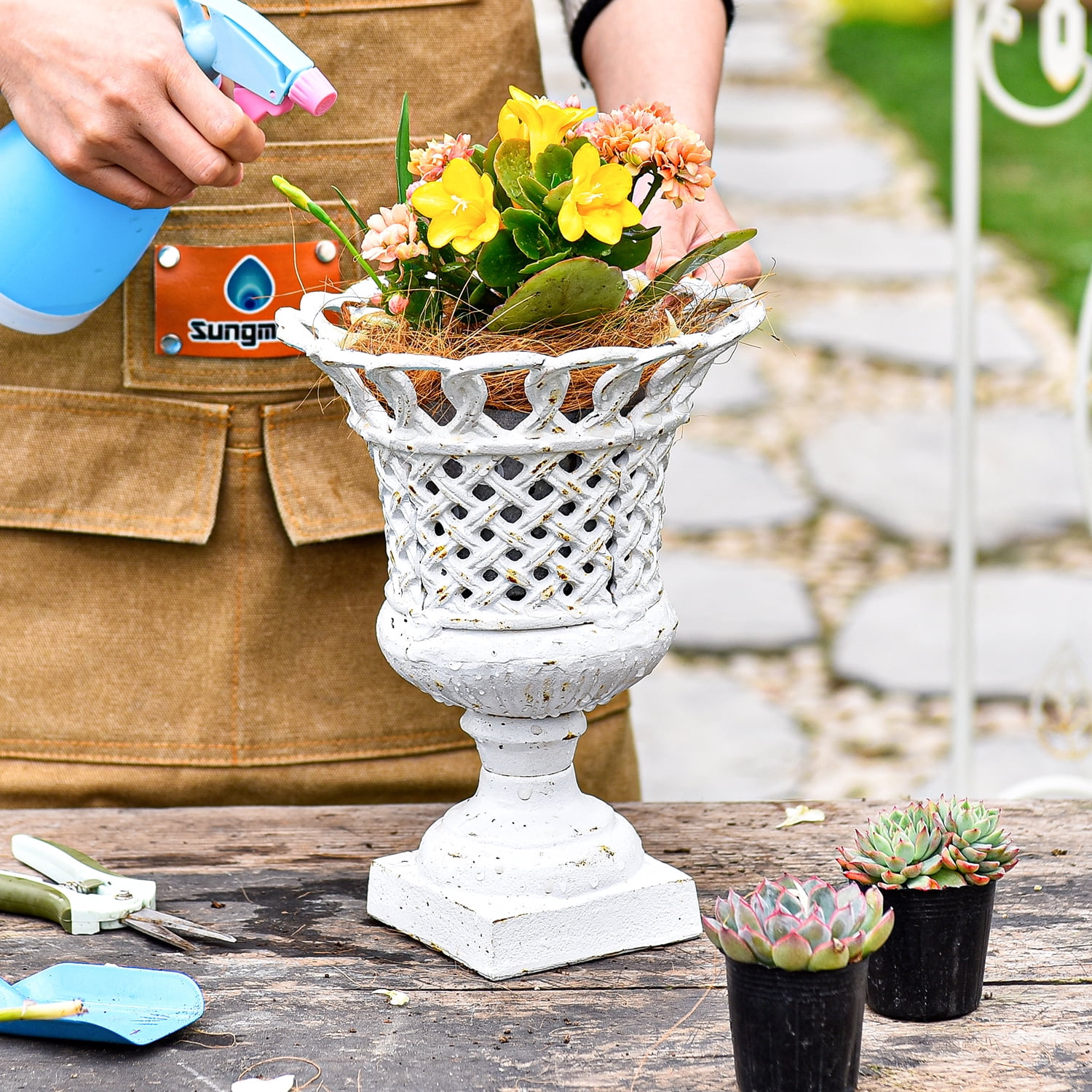 Sungmor Cast Iron Urn Planter, Hollow Trophy Design Tall Orchid Flower Pot, White, 1-Piece