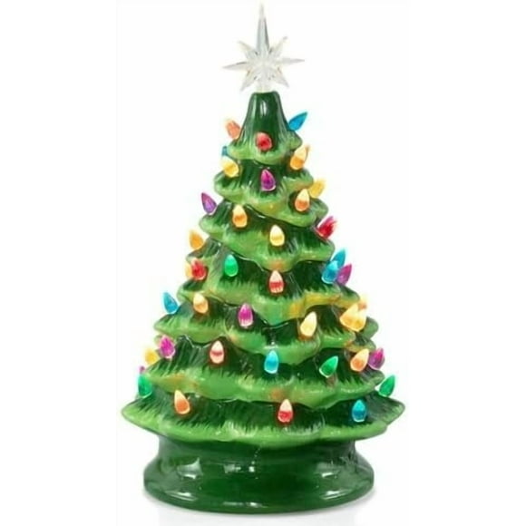 13 Inch Ceramic Christmas Tree, Pre-lit Tabletop Christmas Tree with Multicolored LED Lights, Battery Operated Vintage Lighted Ceramic Tree for Home Office Table Holiday Decorations, Green