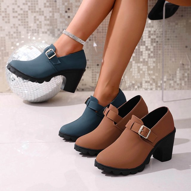 Sentmoon Boot Boot Women Fashionable British Style Casual Metal Buckle Sponge Cake Thick Heel Short Tube Plus Size High Heels Boots