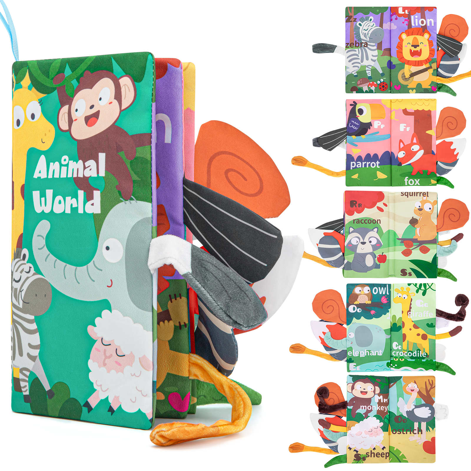 Baby Books Toys with Teether, 0-6 Months , Touch Feel Crinkle Cloth Book for Infant, Tummy Time Toy, Baby Boy Girl Gift (Jungle Animal)