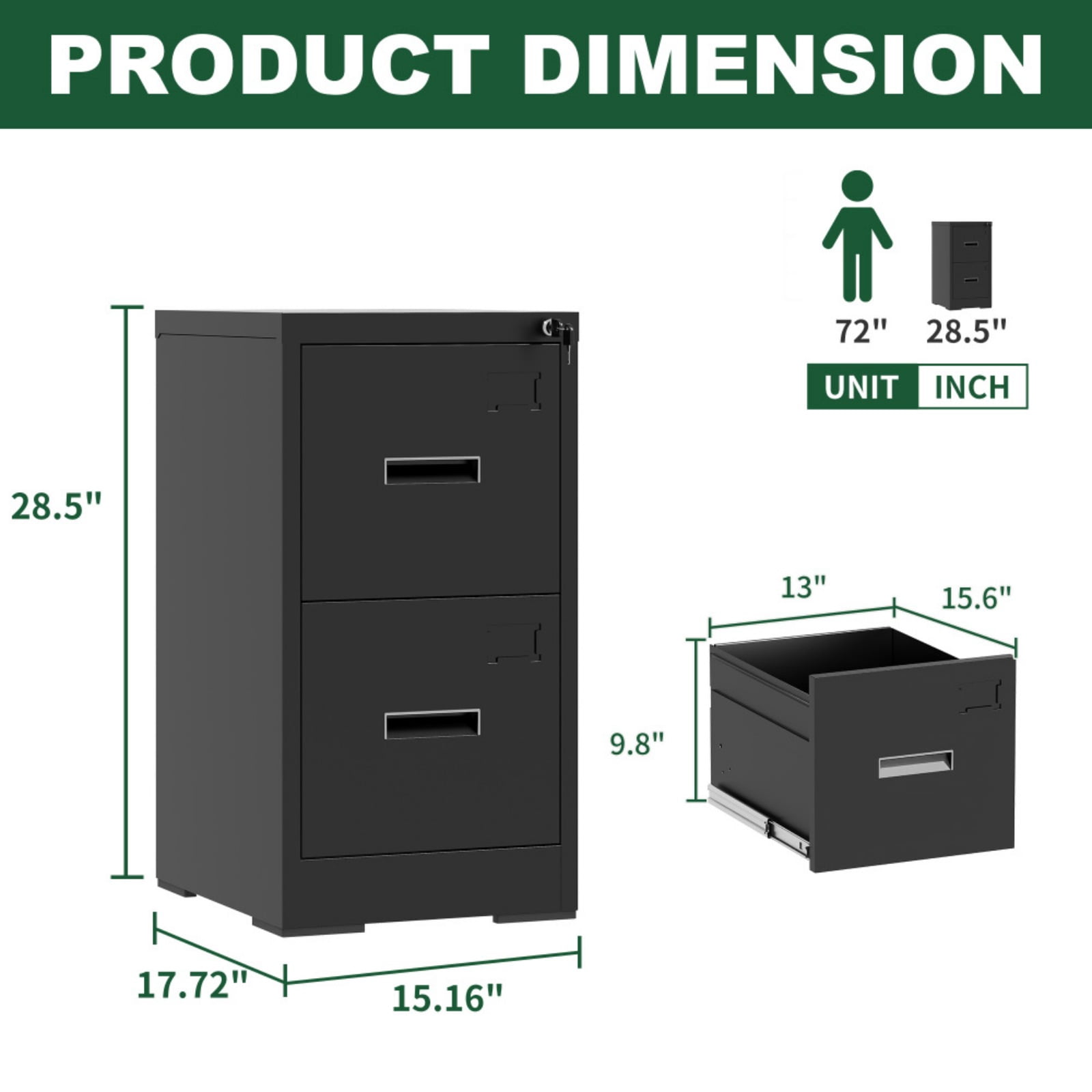 2 Drawer Lateral File Cabinet with Lock, Metal Lateral Filing Cabinet for Home Office, Steel Wide Horizontal Filing Cabinets for Letter/Legal/A4/F4 Hanging Files (Black)