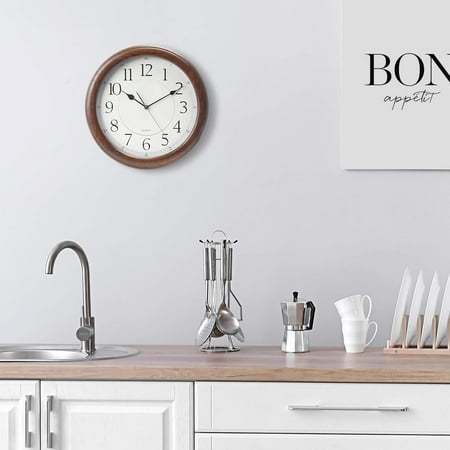 Dark Brown Oak Wall Clock - Quiet Sweep Second Hand, Solid Wood Case, Silent, Non-Ticking, Modern Home Wall Decor for Living Room, Bedroom, Office