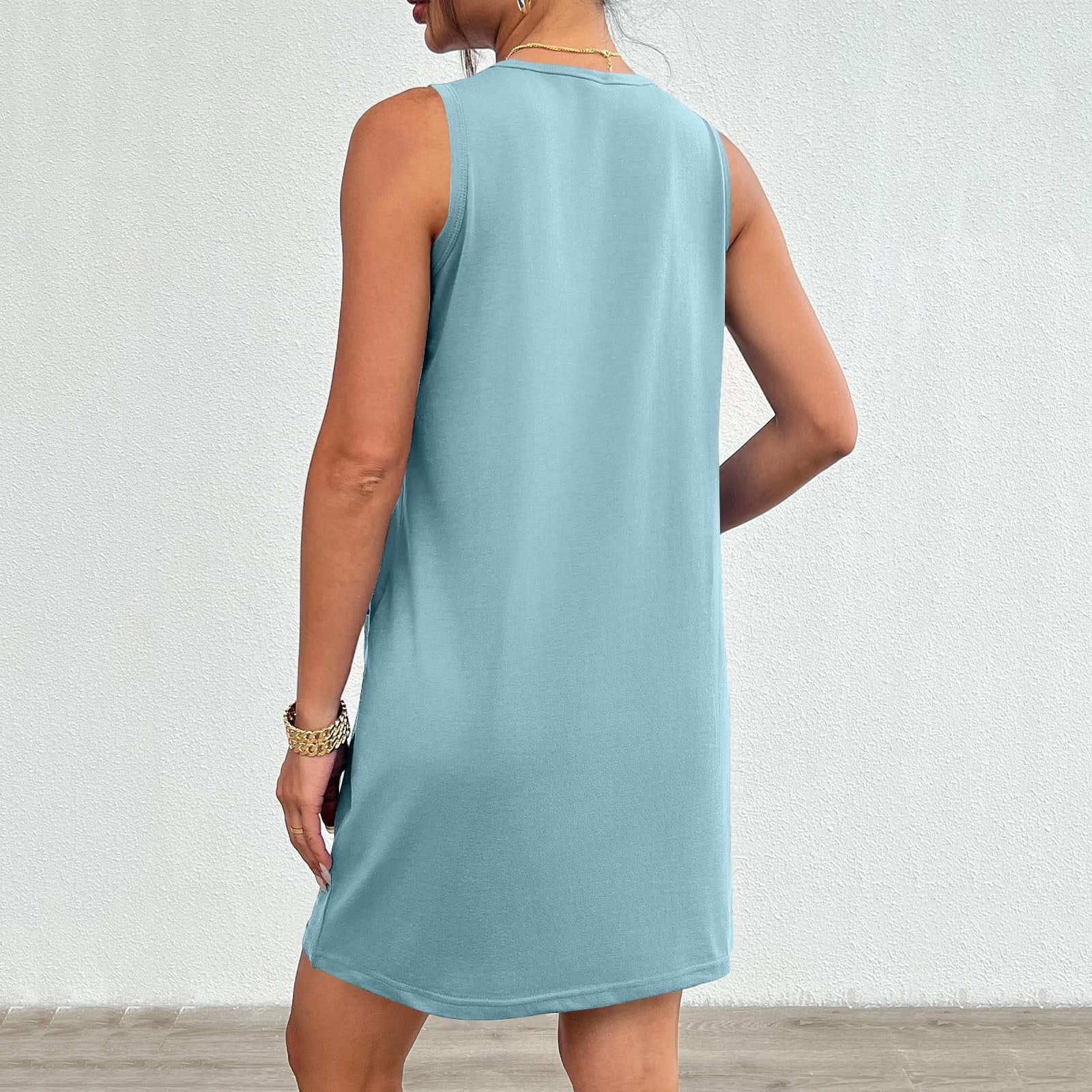 BYHONG Womens Sleeveless Mini Tank Dress Casual Workout Sport Tennis Athletic with 2 Pockets Dress Tee Shirt Dress Knee Length Summer Dresses for Women Light Blue XL