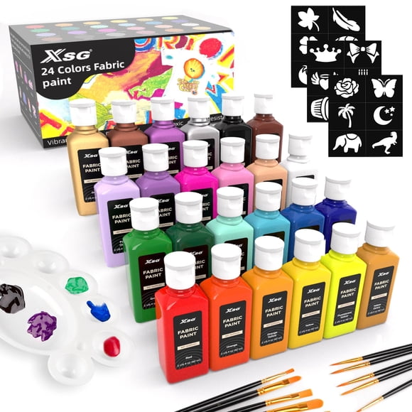 24 Colors Fabric Paint For Clothes Permanent, Soft Fabric Paint in Bottles with 10 Brushes ï¼?Stencils& Palette,Non-Toxic Textile Paint for Shoesï