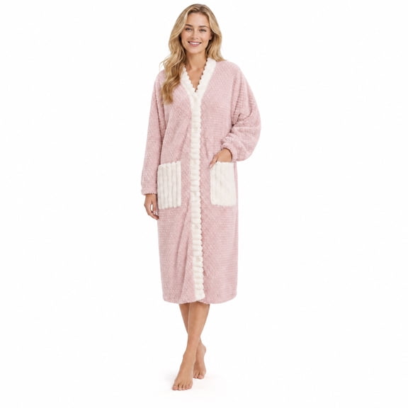 HEARTNICE Womens Plush Robe, Lightweight Fluffy Bathrobe Button Warm Loungewear,(Light Pink White,L-XL)