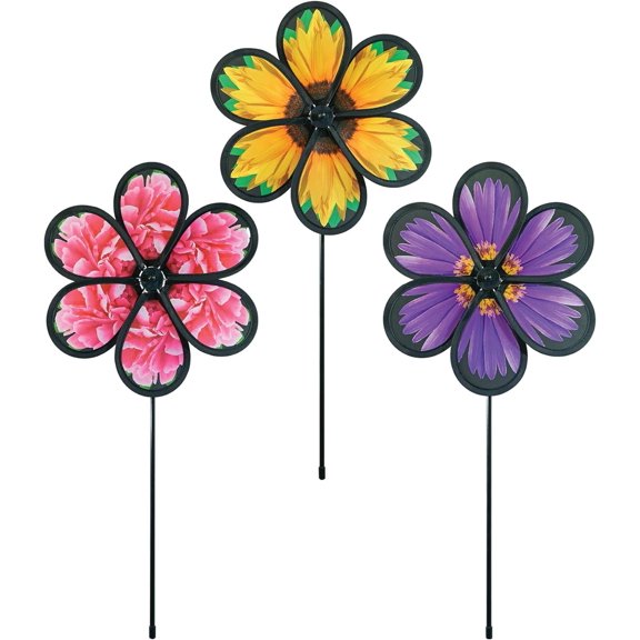 In the Breeze 2625 — 10-inch Realistic Flower Spinner Assortment - 3 Pack — Colorful Flower Wind Spinners for Yards and Gardens