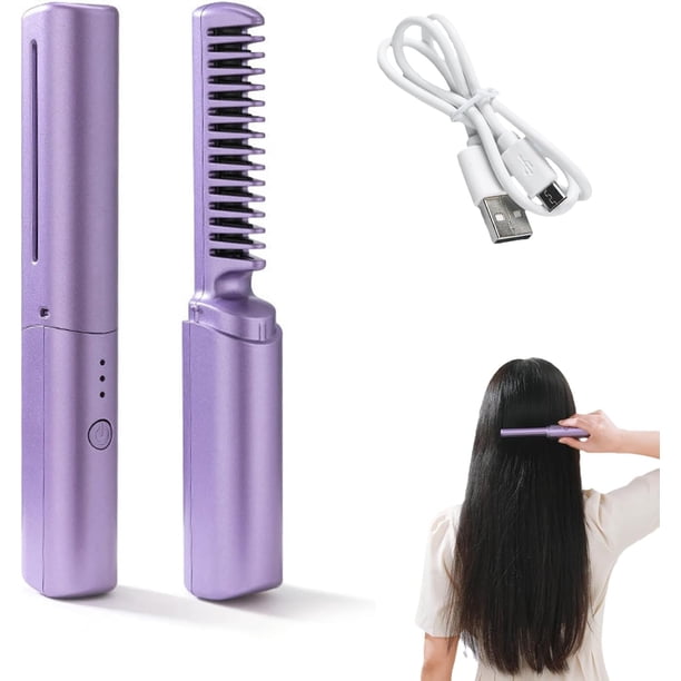 Mini plancha de pelo, mini cepillo alisador con calor, cepillo alisador portátil, cepillo alisador inalámbrico para mujeres