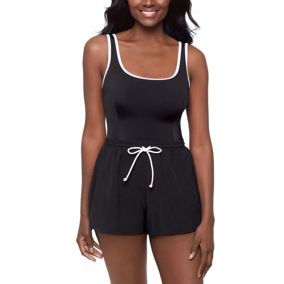 Penbrooke Women's Tummy Control 4 Way Stretch Sport Romper One-Piece Swimsuit (Black, 14)