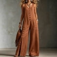 thumbnail image 2 of JULMCOMO Linen Jumpsuits for Women Scoop Neck Button Down Summer Outfits Sleeveless Hem Slit with Buttons Wide Leg Loose Fit Jumpsuits Ginger S, 2 of 4