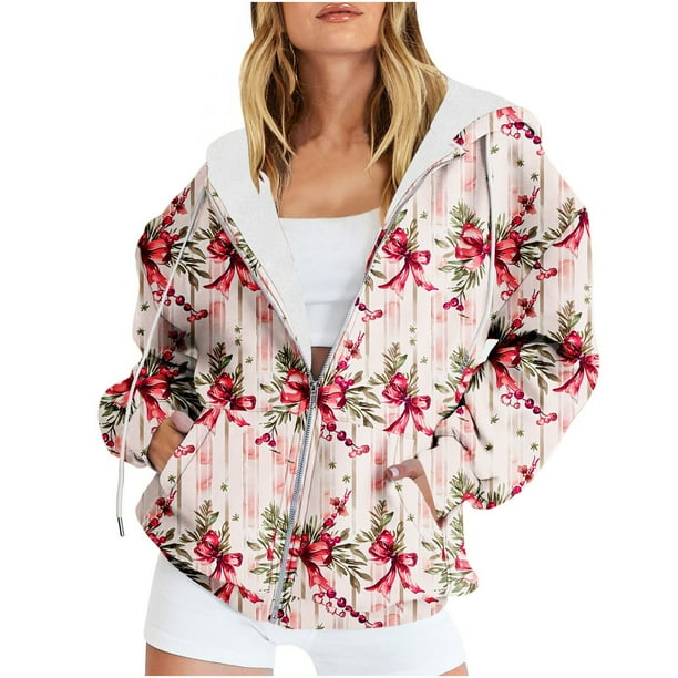 Puntoco Chaqueta Con Capucha Y Manga Larga Con Cremallera Y Estampado Navideño Informal Para Mujer