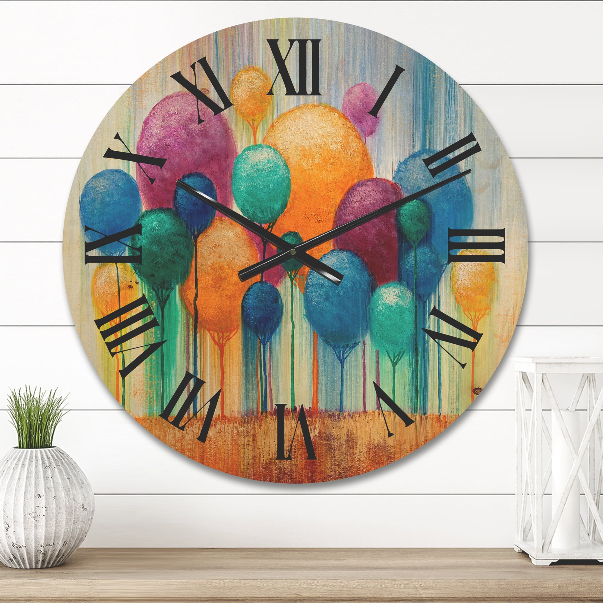 Designart 'Ornamental Colourful Trees IV' Modern Wood Wall Clock