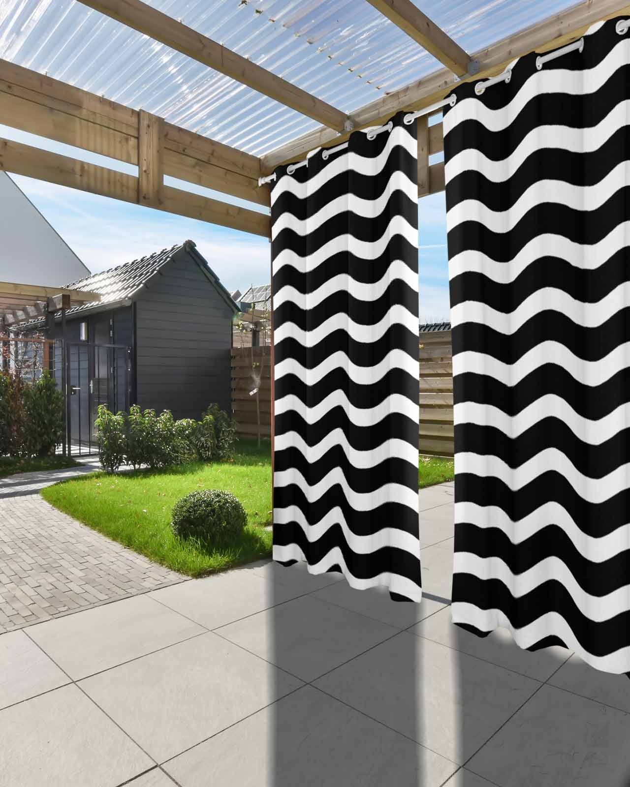 Black Moire Ombre Outdoor Curtains for Patio, Water Ripple Stripe Farmhouse Privacy Drapes Grommet Waterproof Outside Curtains for Porch/Cabana/Balcony 54"x 95", 2 Panel