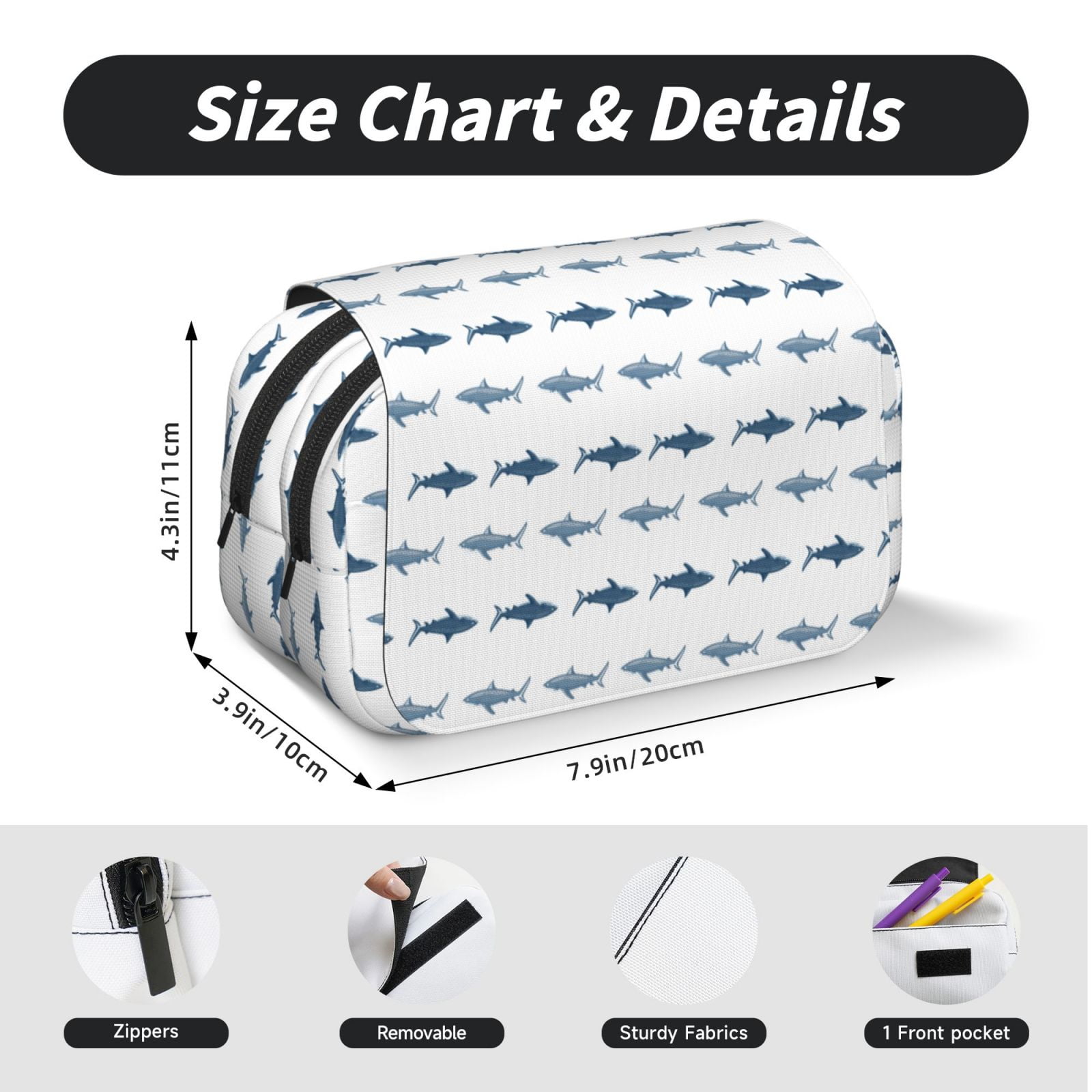 Rateoe Cute Shark Pattern Double Clamshell Pen Case, Storage Organizer with Two Zipper Compartments– Holds Up to 50 Pencils & Pens
