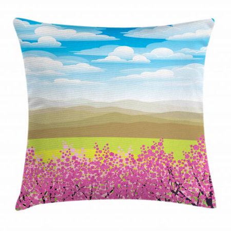 Cloud Throw Pillow Cushion Cover, Japanese Cherry Blossom Branches with Mountain Landscape Blue Sky Oriental Foliage, Decorative Square Accent Pillow Case, 16 X 16 Inches, Multicolor, by Ambesonne