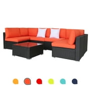 7 Pcs Orange Outdoor Patio Sofa Sets, Wicker Rattan Sofa and Small Yard Recreational Conversation Set with Cushions by LAZYLAND