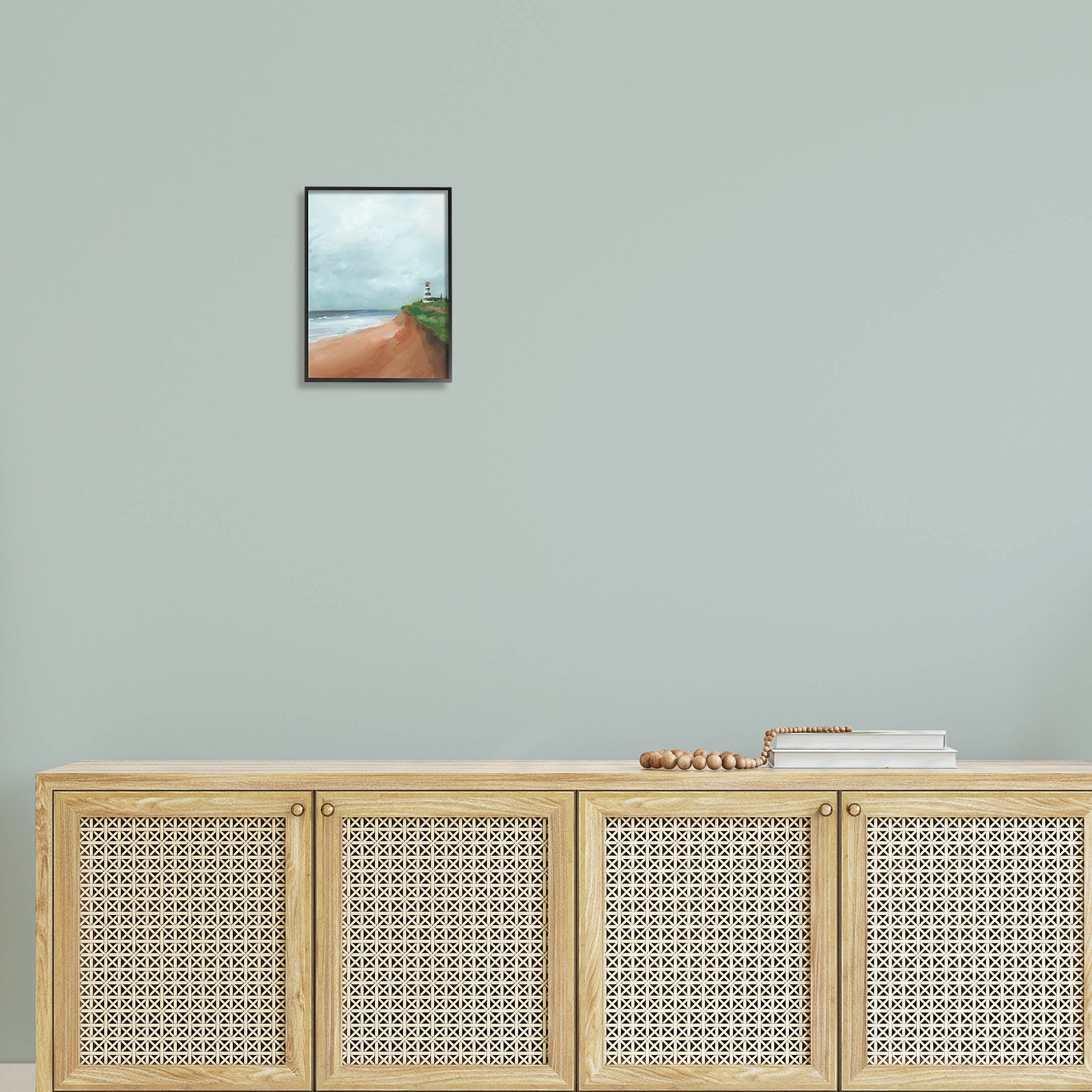 Distant Lighthouse Beach Shore Coastal Painting Black Framed Art Print Wall Art