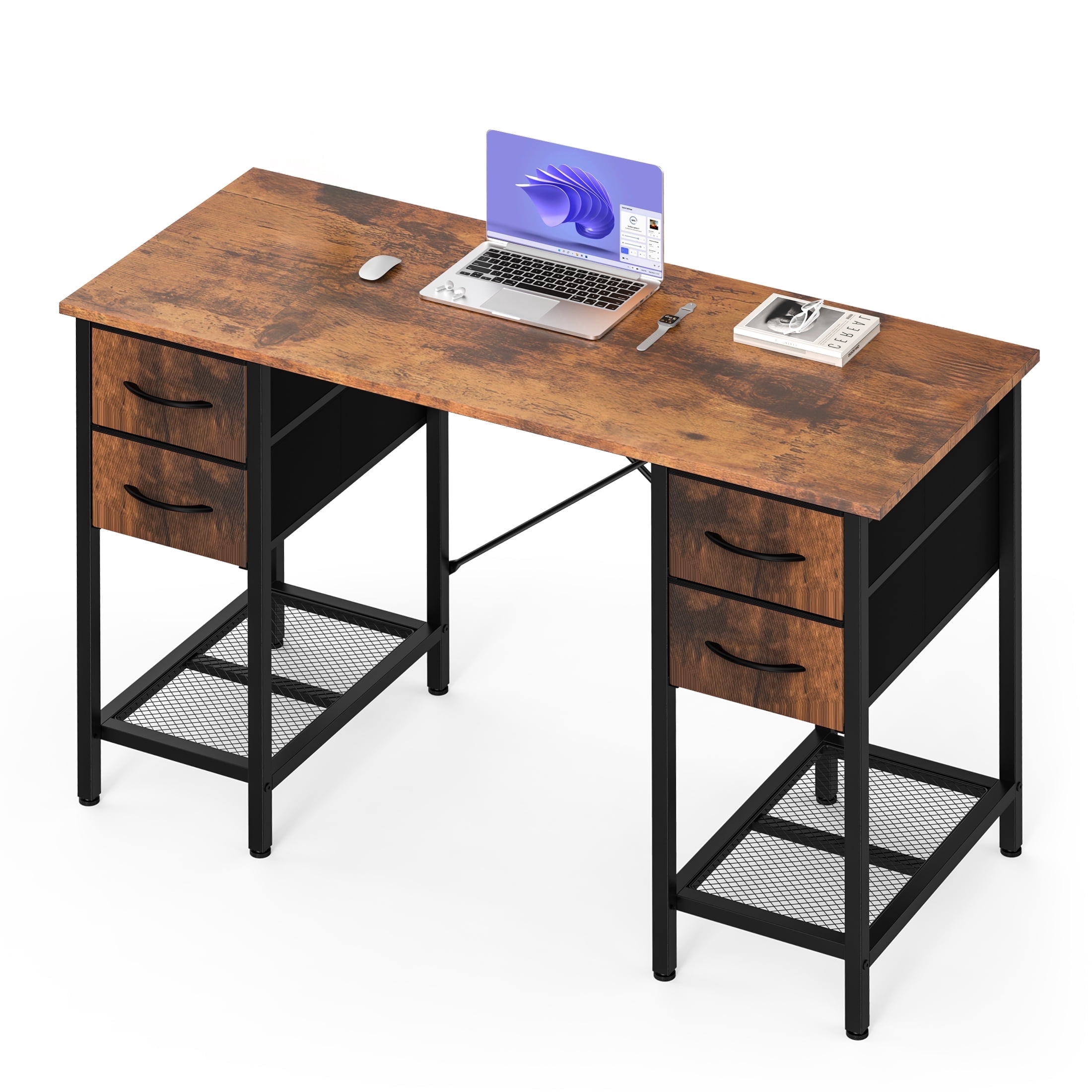 EDX 47 Inch Computer Desk with 4 Drawers, Office Desk with Mesh Shelf, Gaming Desk, Writing Work Desk, Large Storage, Rust