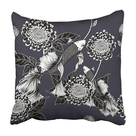 ARTJIA White Koi Fish And Chrysanthemum Drawing Tattoo Highly Detailed In Line Style And Carp Pillowcase Cover 18x18