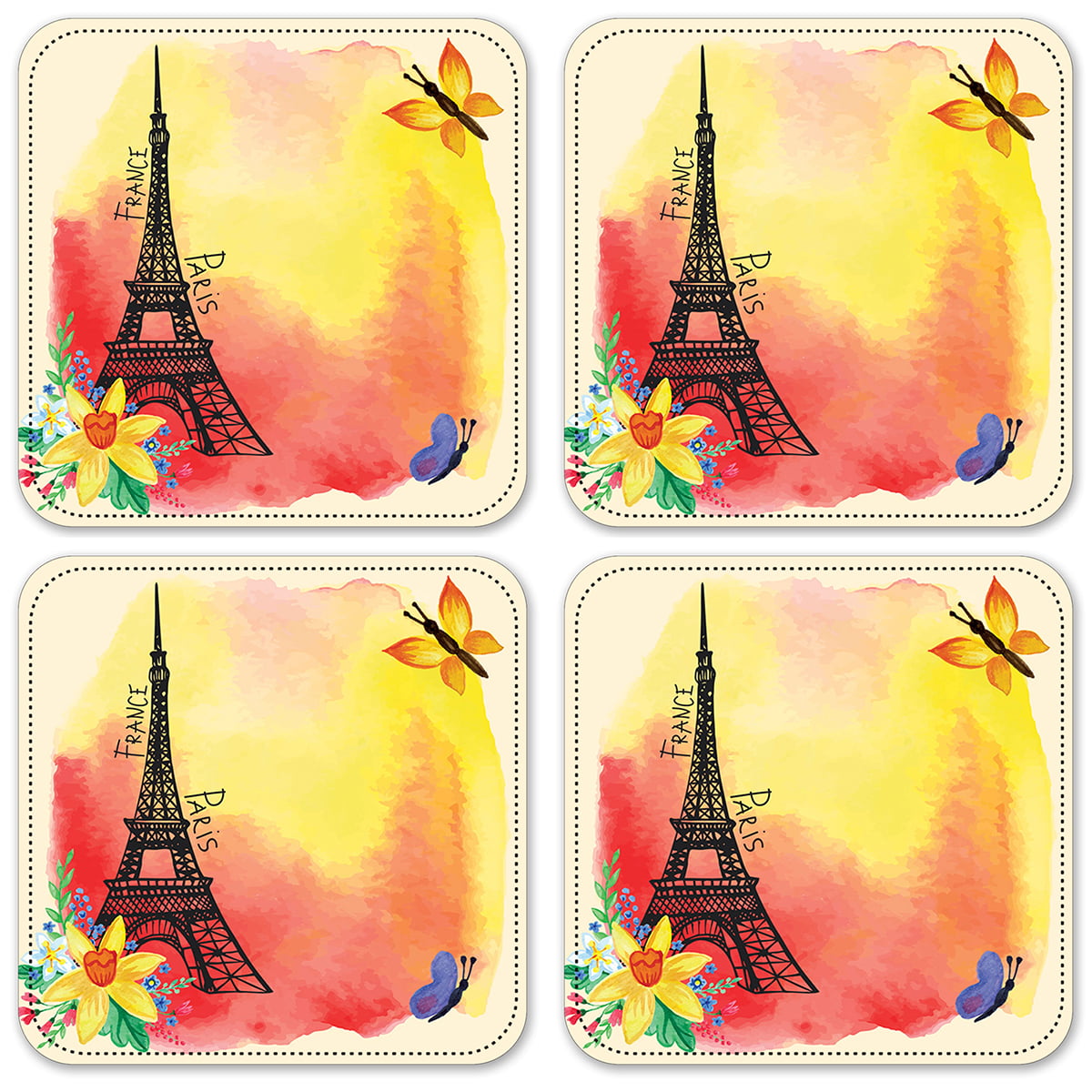 Set 6 Natural Cork Backed French Wooden Paris Eiffel Tower Wood Drink Coasters 