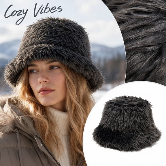 Unisex Winter Fluffy Faux Fur Bucket Hat Thick Warm Plush Fisherman Cap Outdoor Ear Protection Hat