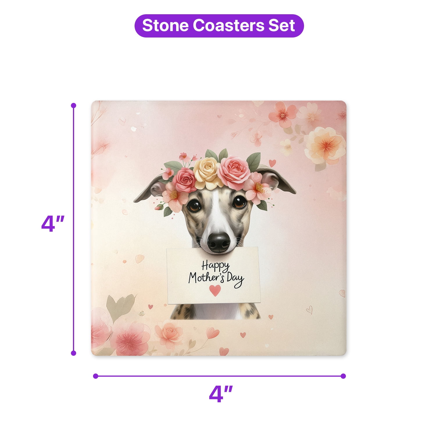 Happy Mother's Day Whippet with Flower Crown and Greeting Card Set of 4 Stone Coasters Dog Lover 4x4in Absorbent Soapstone Coaster - 13004