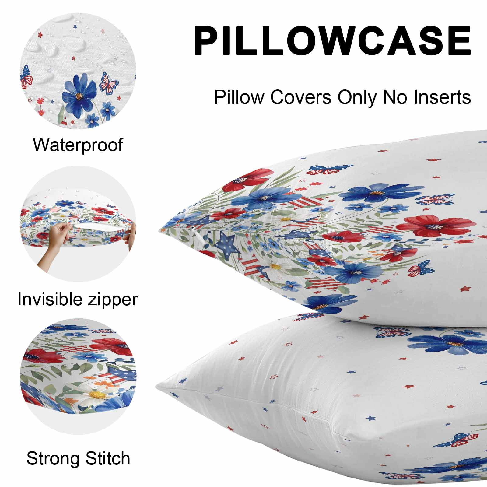 4th of July Outdoor Waterproof Throw Pillow Covers Set of 2 American Flag Butterfly Pillowcases Square Outdoor Pillows Cushion Case 18x18 Inch Red Blue Flowers Patio Pillows for Couch Sofa Bed