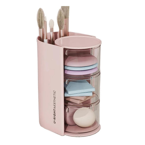 Makeup Brush Holder Makeup Brush Organizer with 2 Slot, 3-Layer Rotating Cosmetic Organizer, Desktop Makeup Box