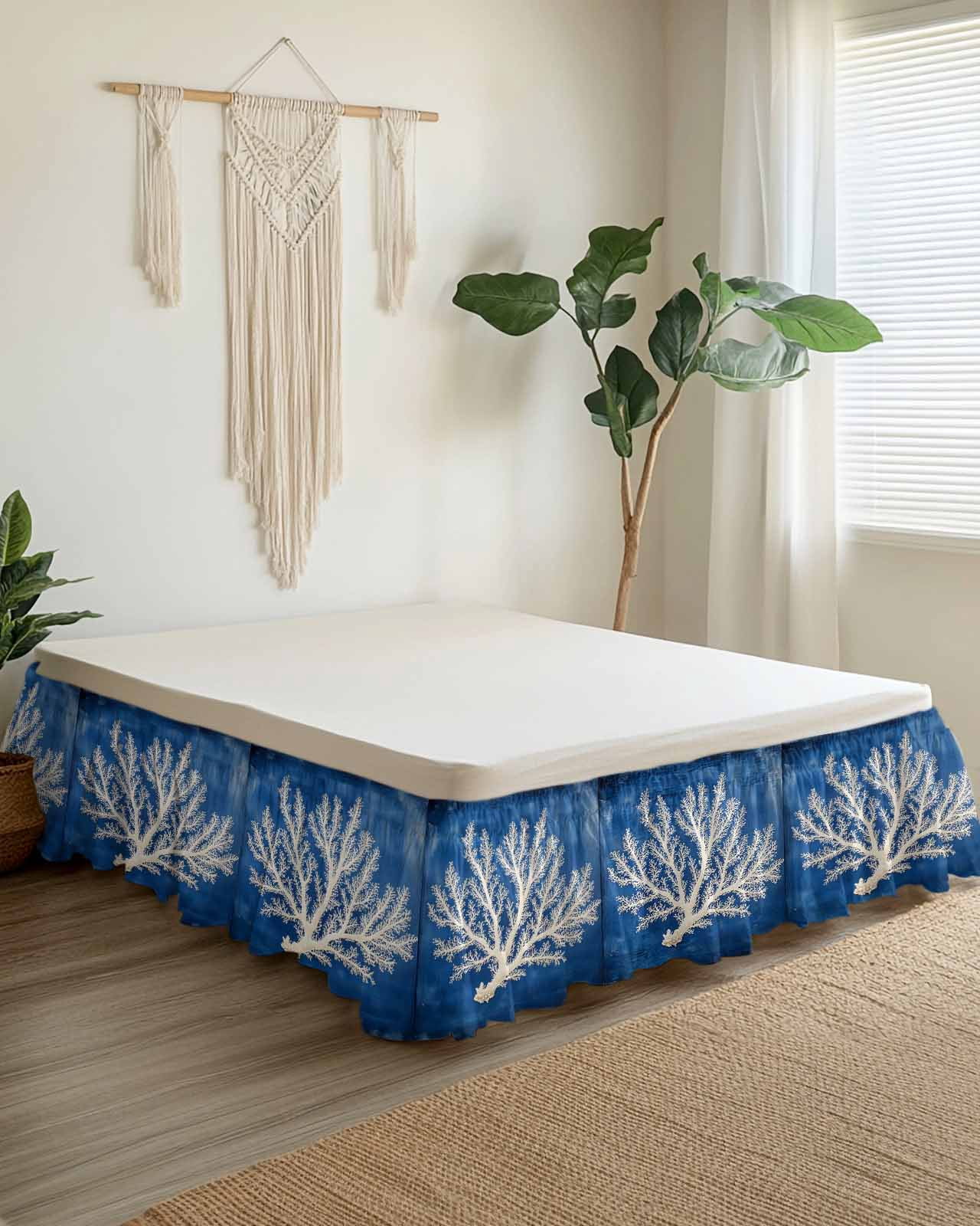 Coastal Coral Wrap Around Bed Skirts for Queen Bed 16" Drop,Bed Skirt with Adjustable Elastic Belt Dust Ruffle Bed Valance for Bedroom Hotel Luxury Oil Painted Summer Ocean Modern Art Bed Frame Cover