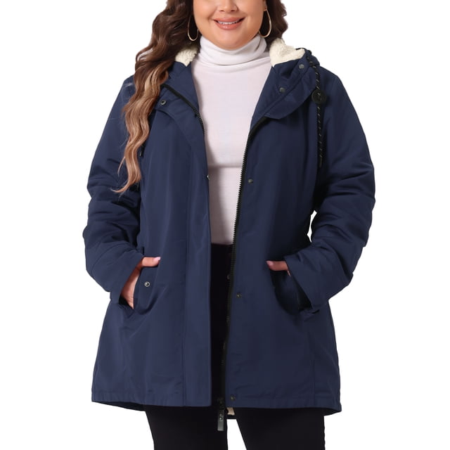 Abrigo de mujer plus size Agnes Orinda, chaqueta con capucha forrada de felpa, cintura elástica, cierre de cremallera y botones, mangas largas, parka con bolsillos, 3X azul oscuro