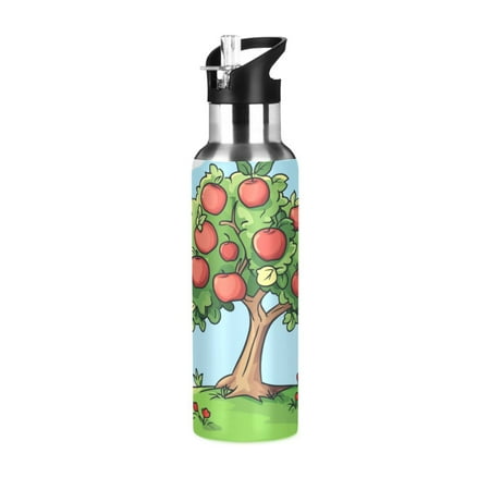 

600/1000ML Stainless Steel Sport Water Bottle with Straw Lid Leak Proof Vacuum Insulated Mug for Outdoor Activities Cycling Running & Walking A Cartoon Apple Tree