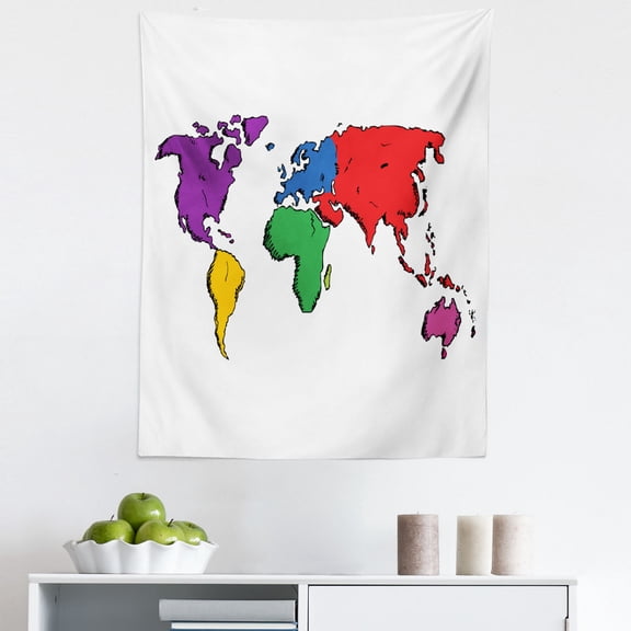 World Map Tapestry, Contemporary Illustration of World Map Image Where People Live Theme, Fabric Wall Hanging Decor for Bedroom Living Room Dorm, 5 Sizes, Multicolor, by Ambesonne