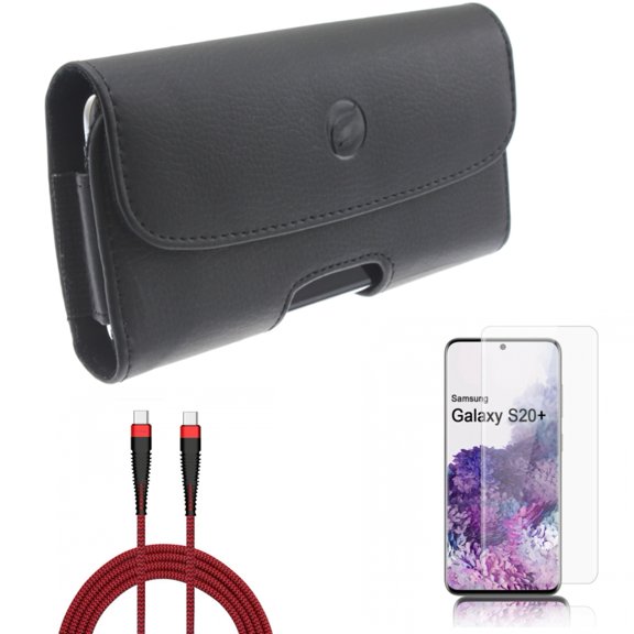 Screen Protector w Case Belt Clip w 10ft PD Cable for Samsung Galaxy S20 Plus - Tempered Glass [Fingerprint Unlock] 3D Curved Edge, Leather Holster Cover, Type-C to USB-C Charger fits Galaxy S20 Plus