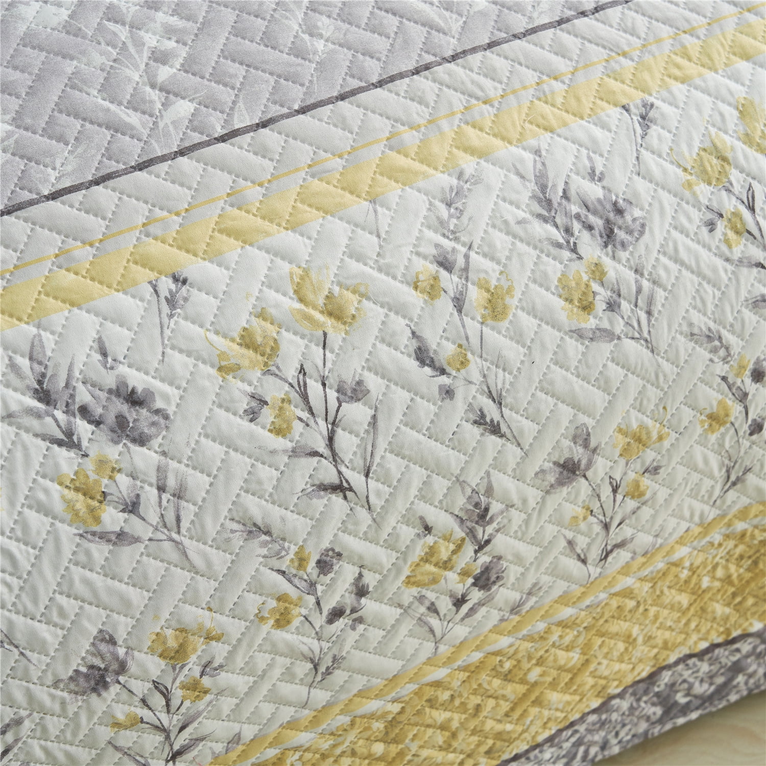 JML 3 Piece Quilt Set King Size,Lightweight Microfiber Bedspread Coverlet,Grey & Yellow Floral