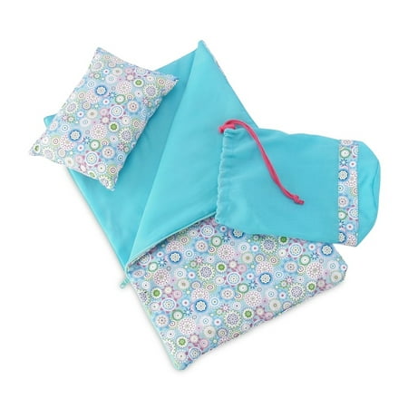 18 Inch Doll Accessories | Reversible Multicolored Geometric Flower Print Sleeping Bag Set with Pillow and Drawstring Storage Bag | Fits American Girl Dolls