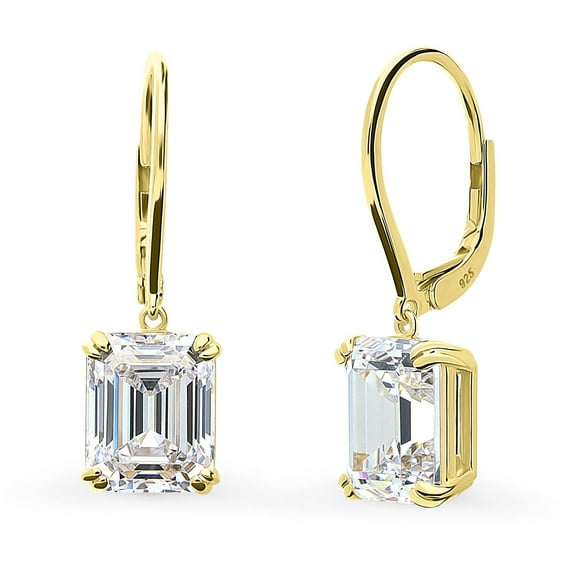 BERRICLE Sterling Silver Solitaire 7.6 Carat Emerald Cut Cubic Zirconia CZ Fashion Leverback Dangle Drop Earrings for Women, Yellow Gold Flashed