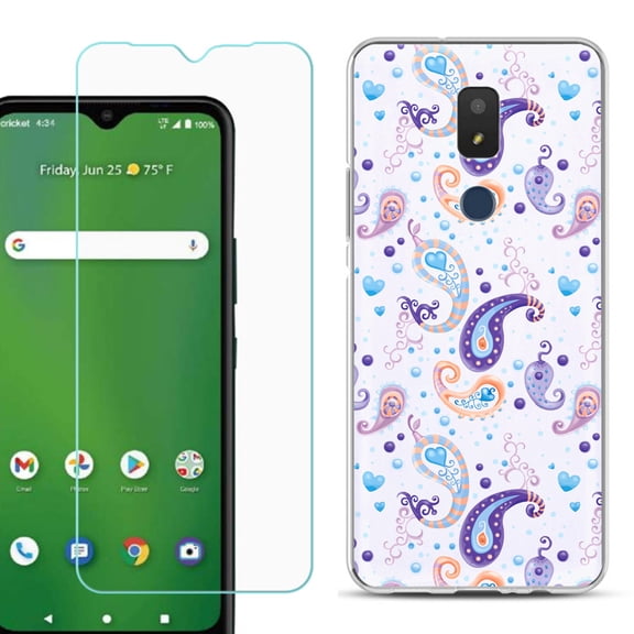 Slim-Fit TPU Fashion Phone Case for Cricket Icon 3, with Tempered Glass Screen Protector, by OneToughShield ® - Paisley Purple