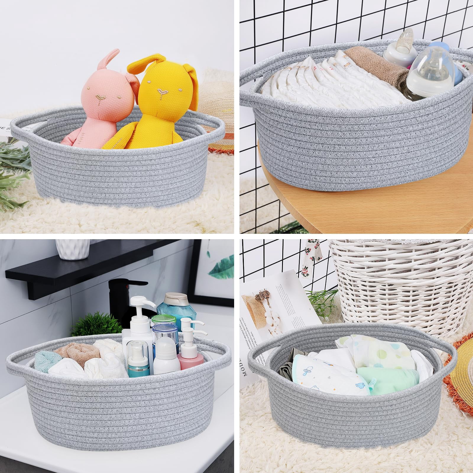 Small Basket with Handles, Boho Decorative Rope Woven Storage Bin Organizer, Pet Toy Storage, Easter and Holiday Gift Basket, 12"x8"x5", White
