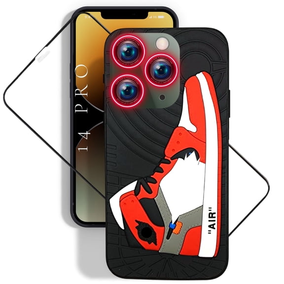 QuAngy Assureify Case for Apple iPhone 14 Pro - 3D Sneaker Shoe-Kicks Design TPU Black-Red Fashion Case - Rugged Bumper Shockproof 360 Protection with Luminous Camera Lenses Screen Protector