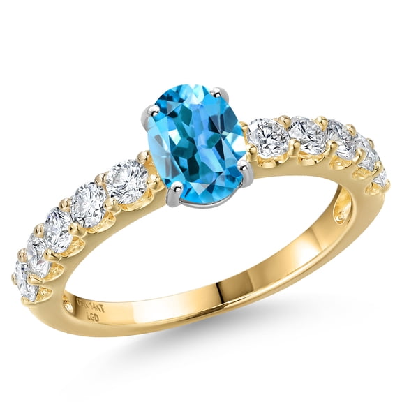 Gem Stone King 14K Two Tone Gold Swiss Blue Topaz and Lab Grown Diamond Engagement Ring for Women | 1.65 Cttw | Oval 7X5MM | Gemstone November Birthstone | Size 7