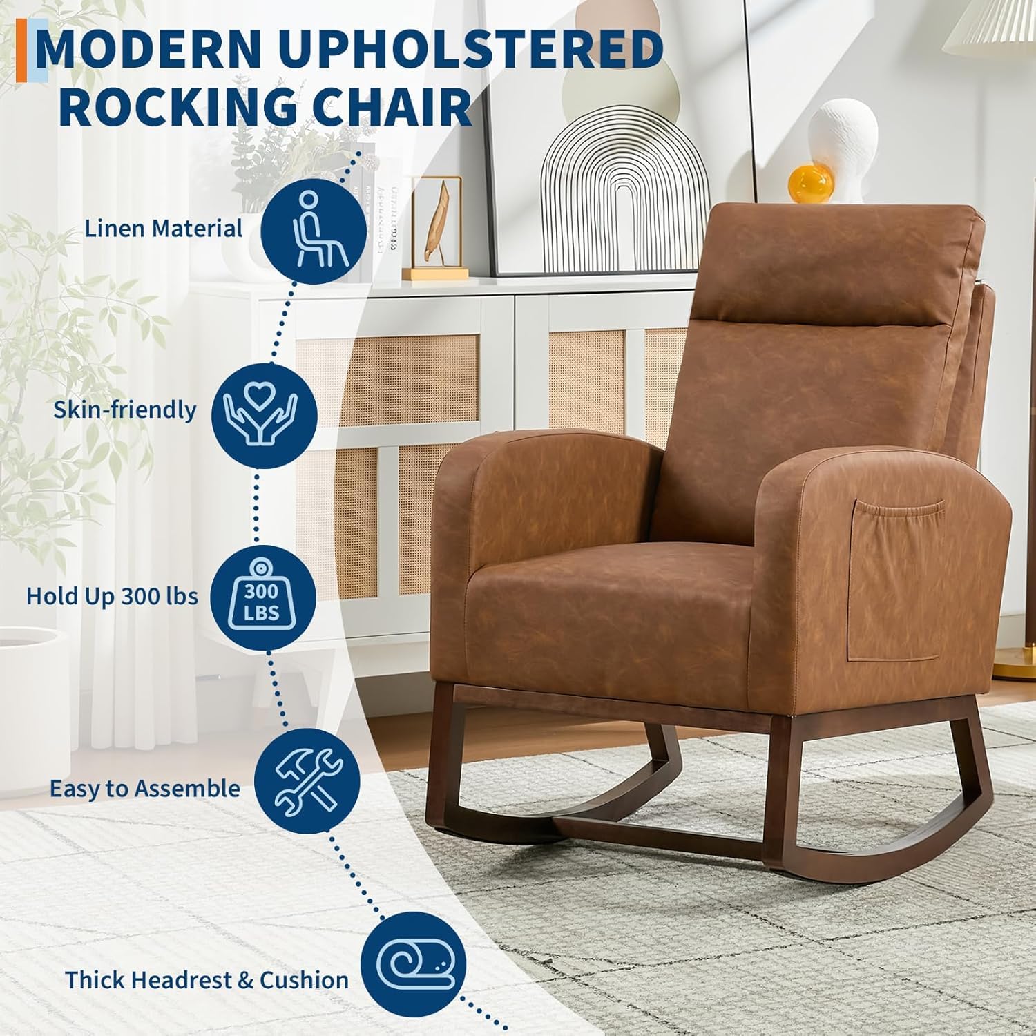 Nursery Glider Rocking Chair with Side Pocket - High Back Rocking Armchair with Rubber Wood Legs, Accent Chair for Living Room, Bedroom, Nursing Room, Nursery