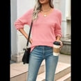 thumbnail image 4 of Suéter Informal de Larga con Cuello en V, Tejido Acanalado y Crochet Ligero para Mujer (Otoño 2025) Rosa XL, 4 of 7