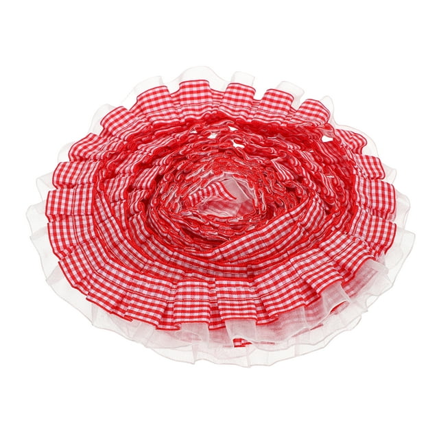 Uxcell 2 capas de volante de cinta de cuadros, 5 yardas x 1.38" bordes de tela de gasa plisada para costura, manualidades de bricolaje, embellecimiento de vestidos y decoración del hogar, rojo