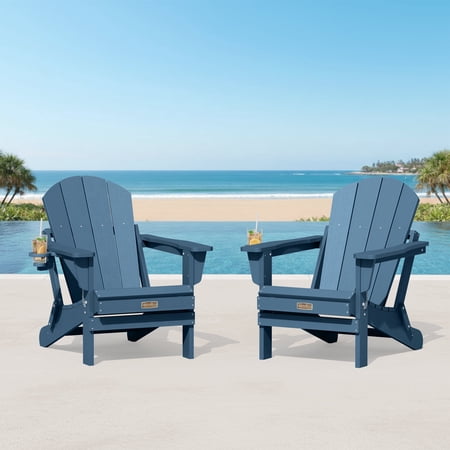 SERWALL Folding Adirondack Chair with Cup Holder Set of 2, Weather Resistant Adirondack Chair for Patio Garden Outdoors Fire Pit - Blue