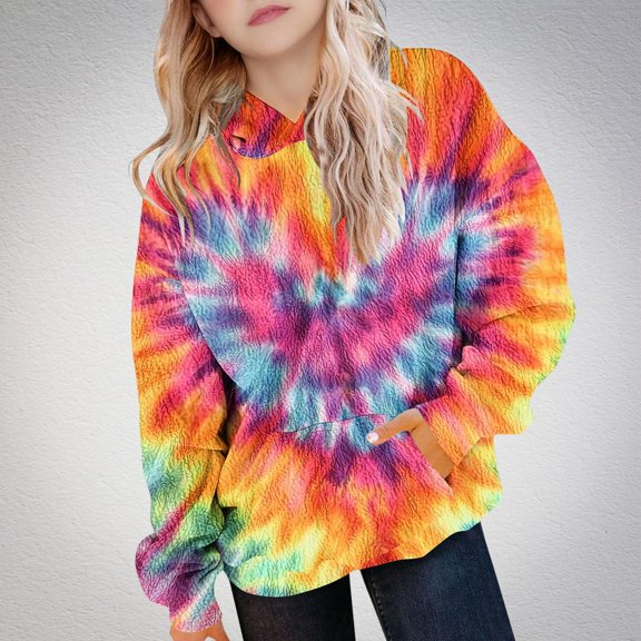 Piuwrlz Hood Sweatshirts Childrens Girls Boys Winter Printed Hoodies Pocket Long Sleeved Round Neck Tie Dyeing Hoodie Pullover Yellow Size 3 Years