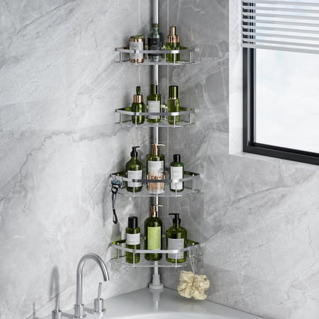 Shower Corner Tension Pole Stainless Steel Organizer Strong Spring 5 Adhesive Pads 2.4 In Non-slip Grid Base Adjustable 4-tier Basket 4 Hooks Fits Heights 37.8-124