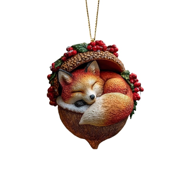Forest Animal Acorn Ornaments 2D, Flat Detailed Woodland Creature Figurines in Acorn Shell, Hanging Christmas Tree Ornaments, Unique Animal Lover Gift Idea, Christmas Decor(Fox)